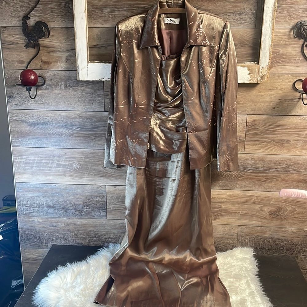 Patra Evening Gown with Jacket, Chocolate Brown with Rose Gold Embellishment 2pc
